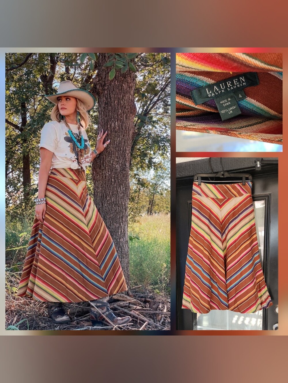 Lauren Ralph Lauren Brown Multi-Stripe A-Line Maxi Skirt